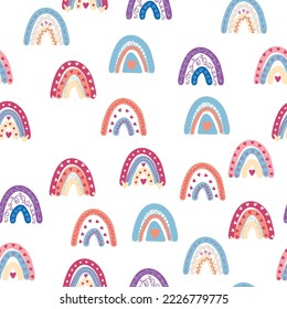 Rainbow seamless pattern in pastel colors. Scandinavian baby hand drawn illustration perfect for textiles and newborn clothes.