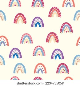 Rainbow seamless pattern in pastel colors. Scandinavian baby hand drawn illustration perfect for textiles and newborn clothes.