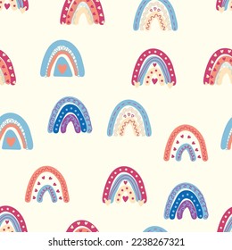 Rainbow seamless pattern in pastel colors. Scandinavian baby hand drawn illustration perfect for textiles and newborn clothes.