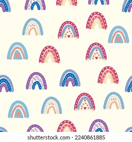 Rainbow seamless pattern in pastel colors. Scandinavian baby hand drawn illustration perfect for textiles and newborn clothes.