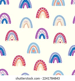 Rainbow seamless pattern in pastel colors. Scandinavian baby hand drawn illustration perfect for textiles and newborn clothes.