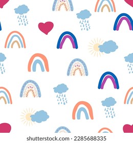 Patrón transparente arcoiris en colores pastel. Ilustración escandinava a mano para bebés perfecta para ropa para recién nacidos