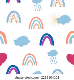Rainbow seamless pattern in pastel colors. Scandinavian baby hand drawn illustration perfect for newborn clothes