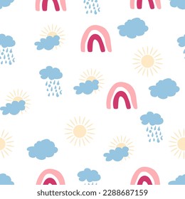 Rainbow seamless pattern in pastel colors. Scandinavian baby hand drawn illustration perfect for newborn clothes