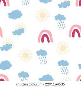 Rainbow seamless pattern in pastel colors. Scandinavian baby hand drawn illustration perfect for newborn clothes