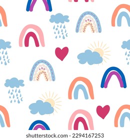 Rainbow seamless pattern in pastel colors. Scandinavian baby hand drawn illustration perfect for newborn clothes