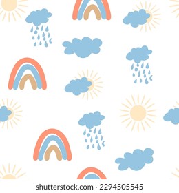 Rainbow seamless pattern in pastel colors. Scandinavian baby hand drawn illustration perfect for newborn clothes