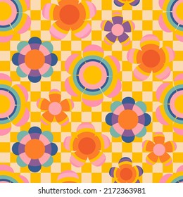 rainbow seamless pattern with  retro flowers
