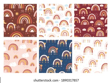 Rainbow Seamless Pattern Set. Vector Hand Drawn Rainbow In Cartoon Scandinavian Style For Kids Wrapping Paper, Textile, Wallpaper, Prints, Fabric. Rainbow Boho Set With Clouds, Stars, Sunshine