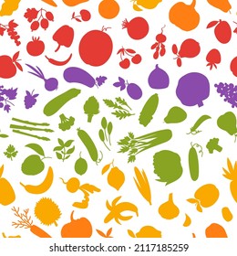 Patrón de arco iris sin costuras con siluetas de frutas, verduras, hierbas, bayas. Ilustración vectorial colorida con alimento orgánico sobre fondo blanco