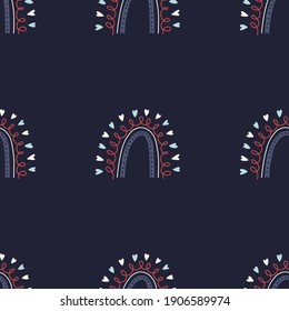 Rainbow seamless pattern. Simple tiled rainbow pattern with hearts and thin lines. Vector stock illustration on dark blue background.