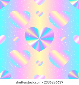Rainbow seamless pattern with stars and hearts on a holographic background.
 Vector image.