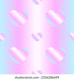 Rainbow seamless pattern with stars and hearts on a holographic pink and blue background.
 Vector image.