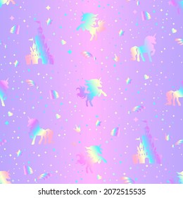 Rainbow seamless pattern with unicorns, hearts, crowns and stars on a holographic background. Rainbow unicorn silhouettes. Vector image.