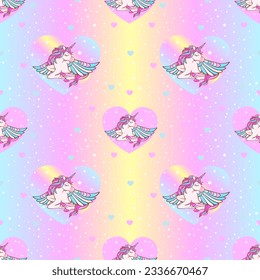 Rainbow seamless pattern with unicorns, and hearts on a holographic background. Vector image.