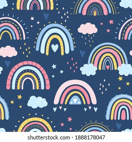 Rainbow Seamless Pattern. Vector Hand Drawn Rainbow In Cartoon Scandinavian Style For Kids Wrapping Paper, Textile, Wallpaper, Prints, Fabric. Rainbow Set With Clouds, Stars, Sunshine, Drops, Heart.