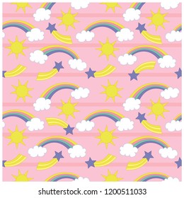 Rainbow seamless pattern.Rainbow,cloud,sun,star drawing.Sweet seamless pattern for kids.Vector illustration design for fashion fabrics, textile graphics, prints.