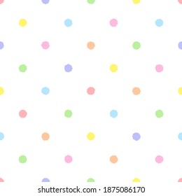 Rainbow seamless polka dot pattern, vector illustration. Seamless pattern with pastel colorful rough circles. Kids pastel rainbow geometric background