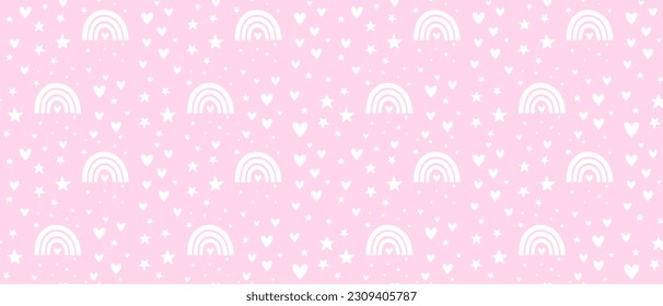Rainbow Seamless Vector Pattern. Irregular Hand Drawn Simple Nursery Print ideal for Fabric, Wrapping Paper. White Rainbows, Stars and Hearts Isolated on a Light Pink Background. RGB Color.