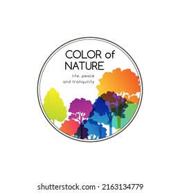 Rainbow season forest. Illustration of colorful trees. Bright decoration concept of landscape, park, wild nature or season forest. Vector emblem.
