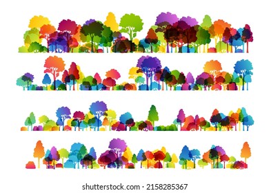 Rainbow season forest. Vector illustration of colorful trees. Bright decoration concept of landscape, park, wild nature or season forest.