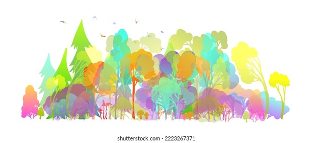 Rainbow season forest. Vector illustration of colorful trees. Multicolored trees. Forest. Vector illustration