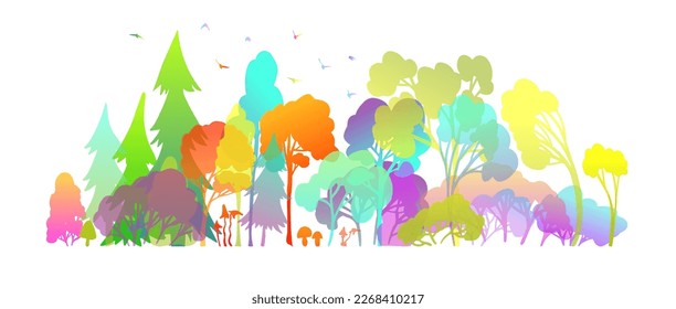 Rainbow season forest. Vector illustration of colorful trees. Multicolored trees. Forest. Vector illustration