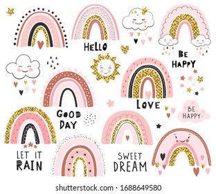 Rainbow set with affirmations quotes, Perfect for poster, card, tag, invitation, sticker kit. Hand drawn vector illustration.