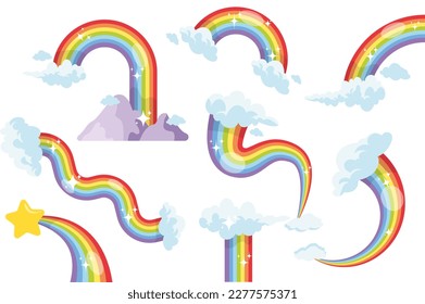 Rainbow set concept in the flat cartoon design. Image of a rainbow of different shapes with clouds and sparkles. Vector illustration.