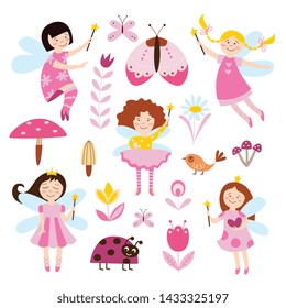 Rainbow set of cute fairies or elves girls flying among flowers and beetles cartoon flat vector illustration isolated on white background. Characters for childish design.