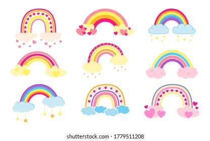 Rainbow set flat cartoon style. Rainbows with clouds abstract hand drawn colored collection. Cute bright nature weather elements for kids. For print, card, fabric or book. Isolated vector illustration