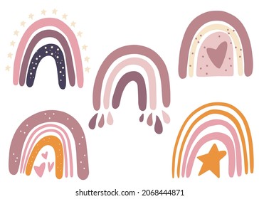 Rainbow set. With hearts, clouds, rain in Boho style. Clipart for children's room, greeting cards, children's and children's T-shirts and clothing. Hand-drawn vector native illustration