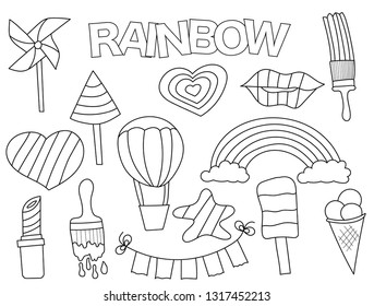 Rainbow set of icons and objects. Hand drawn doodle cute girly design concept. Black and white outline coloring page game. Monochrome line art. Vector illustration.