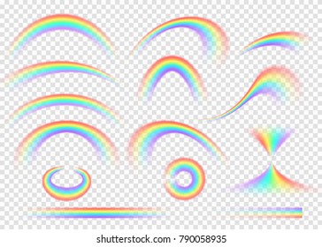 Rainbow set isolated on transparent background. Realistic rain arch in different shape. Vector illustration