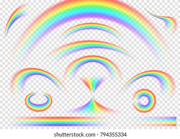 Rainbow set isolated on transparent background. Realistic rain arch in different shape. Vector illustration