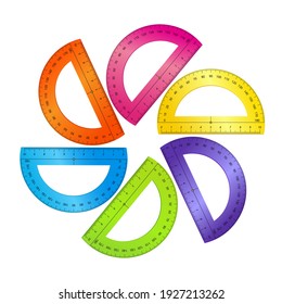 Rainbow set of protractors.  Collection of angles measuring tools. School objects. Vector