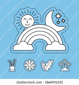 rainbow and set stickers line style icons vector illustration design