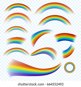 Rainbow set with the transparency. Realistic style. Contains different shapes. High quality vector illustration isolated on transparent backdrop