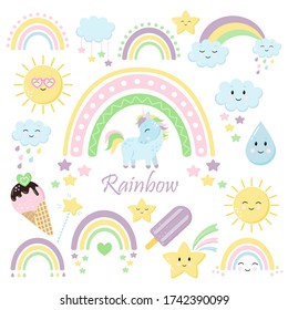 Arco de arcoiris. Ilustración vectorial. Unicornio, Sol, Nube. Colores pasteles.
