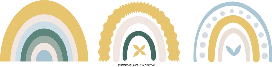 Juego de vectores arcoiris en colores de tendencia 2021. Arcoiris abstracto, arcos verdes amarillos de Boho. Arcoiris escandinavo minimalista. Perfecto para niños, afiches, impresiones, tarjetas, tela.