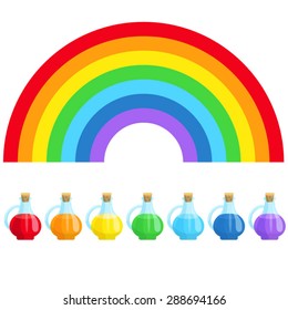 The rainbow and seven bottles with paint / The rainbow is in its classic shape. Below the rainbow there are seven bottles with paint in them. Education material for kids
