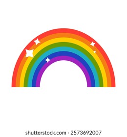 Rainbow. Seven colors of the rainbow. Rainbow arch with stars for decoration, cards, background. Symbol of variety. Flat illustration on white background.