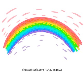 Rainbow of seven colors, strokes along the rainbow, children's drawing, bright stripes, vector cartoon flat illustration, isolated object on white background