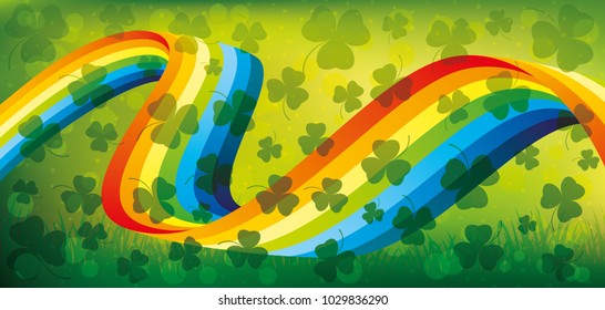 Rainbow and shamrocks  on a green background for St. Patrick's day.