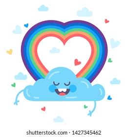 Rainbow in shape of heart. Lovely cute cloud in the sky having fun and smiling. Vector colorful flat illustration