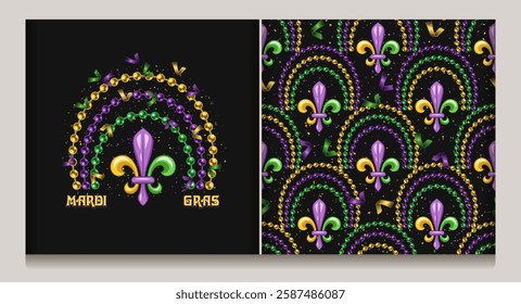 Rainbow shaped composition made with bead strings, Fleur de Lis sign, text. Geometric pattern with fleur de lis symbol, fan shaped ornament, scattered confetti.