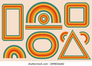 Rainbow shapes and frames retro 70s set for your design. Hippie psychedelic design elements. Vector illustration