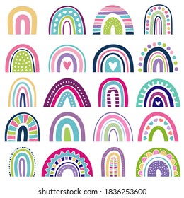 Rainbow shapes. Kids logos in scandinavian style abstract rainbow colored graphic minimalist vector illustrations