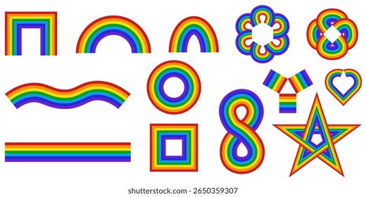 Rainbow shapes. Set vector Rainbow object isolated transparent background. Rainbow flower heart geometric shapes collection perfect pride month poster banner card cover template design. EPS 10