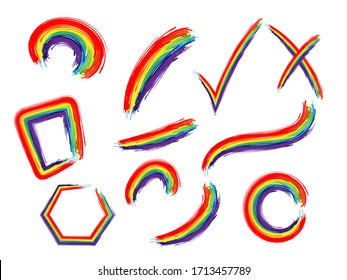 Rainbow shapes vector set. Doodle lines, strokes, shapes in the form of rainbov. Cartoon style elements. Rainbow colors doodle cross, tick, circle, polygon. Editable vector elements for your design